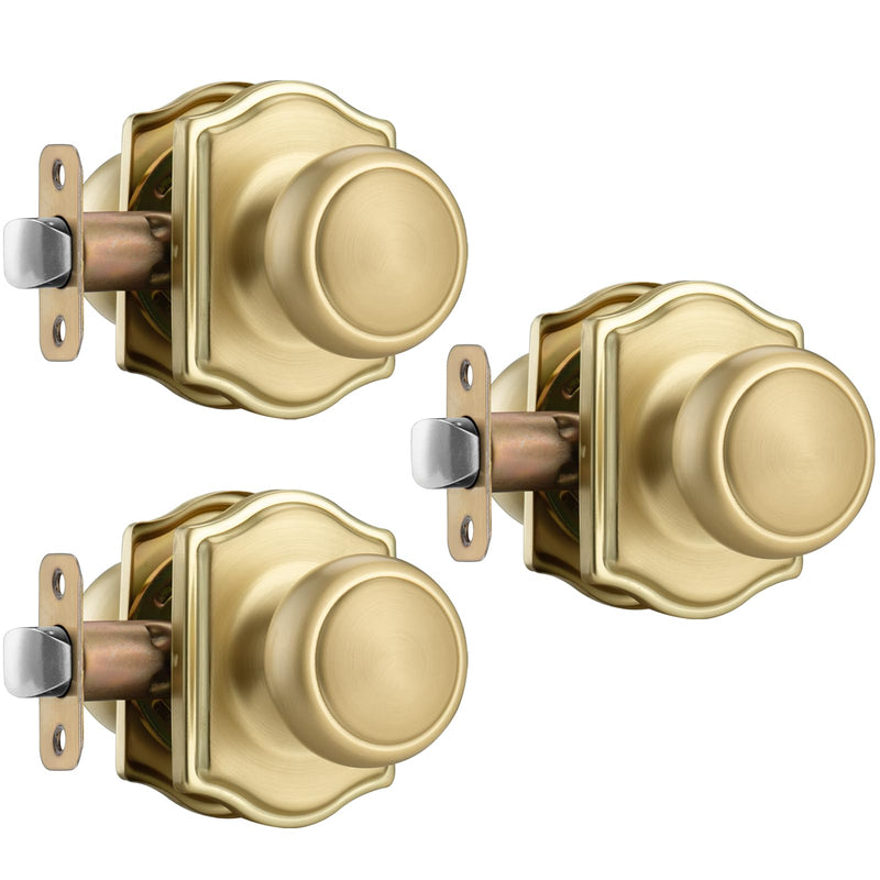 3 Pack Gold Door Knobs with Camelot Trim,Interior Door Knob with Lock,Coastal Door knob for Hall & Closet, Satin Brass 3 Passage