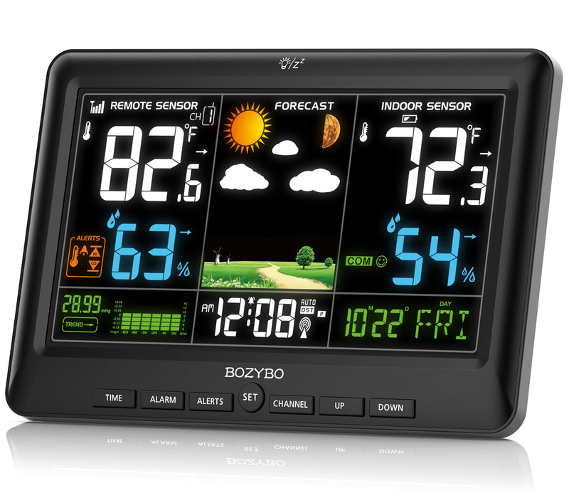 Weather Station Wireless Indoor Outdoor Thermometer: BOZYBO Digital Atomic Clock with Indoor/Outdoor Temp, Temperature Gauge Weather Clock with Calendar and Adjustable Backlight KA003