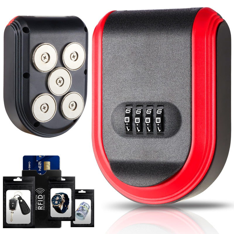 Magnetic Key Box for Under Car, Lockbox for Keys with Combination Lock, Signal Shield Bag and 5 Strong Magnets, Hide a Key Outside for Vehicle, Home or Office Use (1, RED) 1