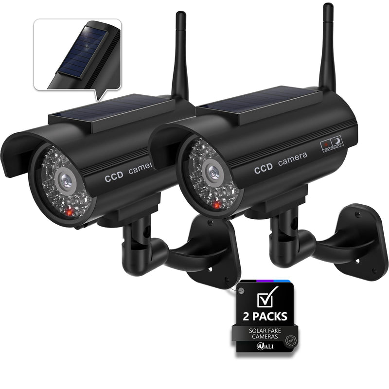 WALI Dummy Fake Camera, Solar Powered Fake Security Camera with LED Light, Simulated Surveillance Security CCTV Dome Cameras with Antenna and Warning Sticker Indoor Outdoor (SOL-TCB2), 2 Packs, Black