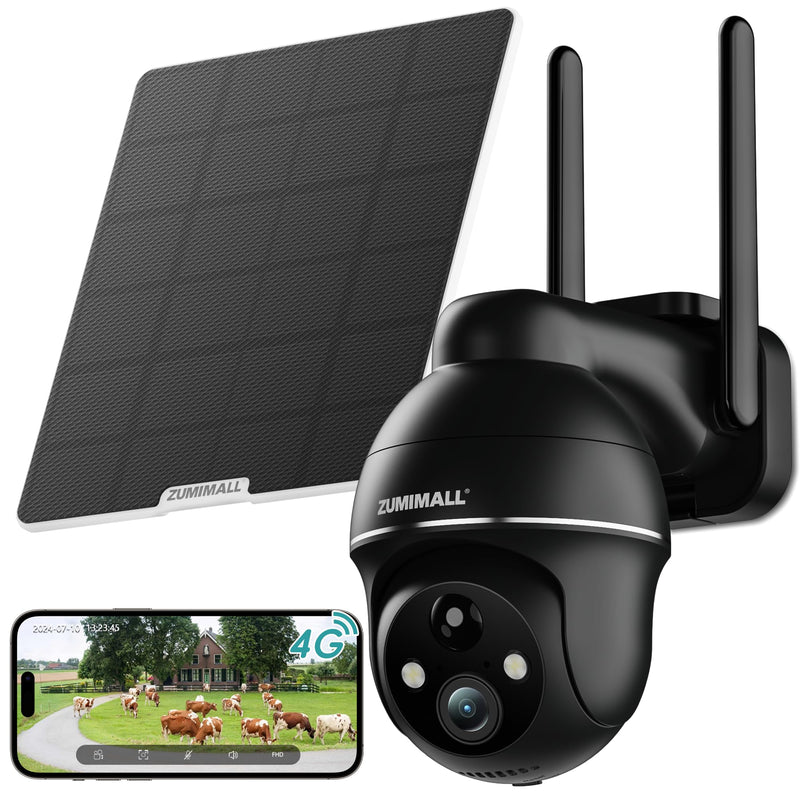 ZUMIMALL 4G LTE Cellular Solar Security Cameras Wireless Outdoor, 3MP No WiFi Cameras for Home Security, 360° Live View, 2K Color Night Vision, PIR Motion Sensor, 2 Way Talk, Built in SIM Card Black - 4G LTE Solar Cam