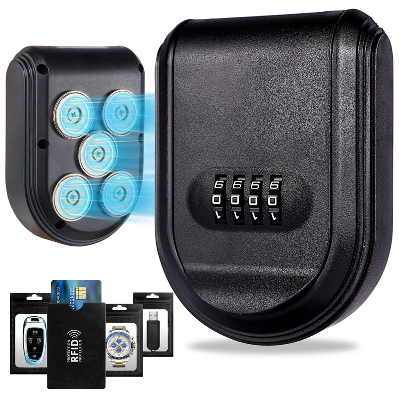 Magnetic Key Box for Under Car, Waterproof Outdoor Magnetic Key Holder with 5 Strong Magnets and Resettable Combination Lock for Vehicle or Home Use Black 1