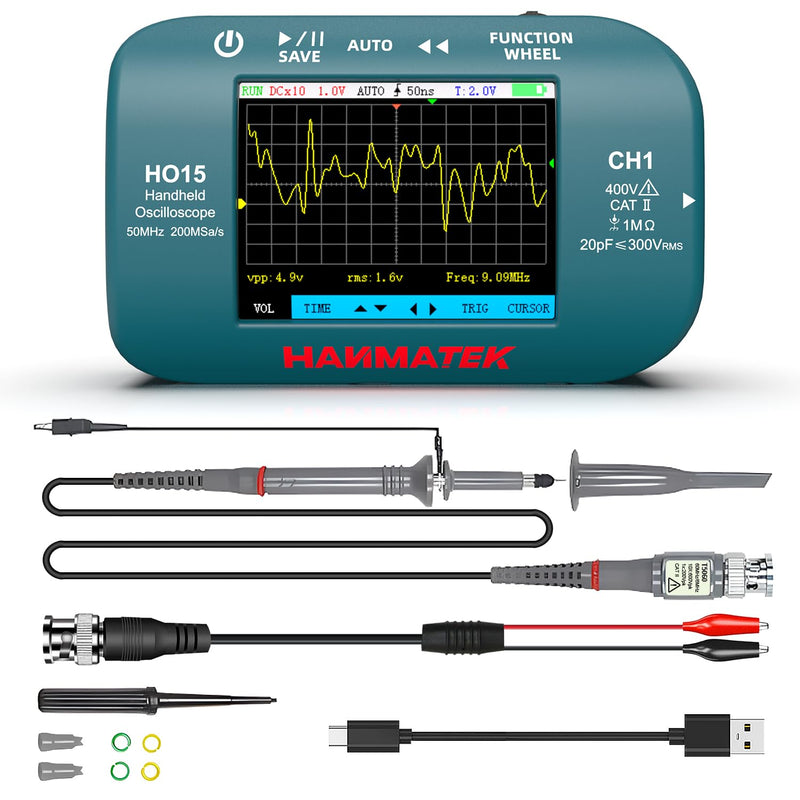 HANMATEK HO15 Handheld Digital Oscilloscope - 50MHz Bandwidth, 200MSa/s High-Precision Sampling, 2.8" TFT Display, USB Rechargeable, Signal Generator,Portable for Fieldwork Professional 50 Mhz