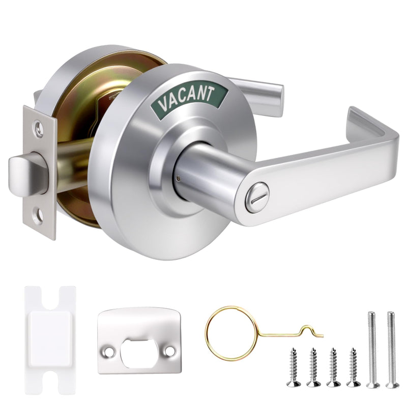 Commercial Door Handle with Lock - Vacant Occupied Bathroom Lock | ANSI Grade 2 Stainless Steel | Quick Install | Reversible Handles for Public Bathrooms/Industrial/Office/Hospital (Silver)