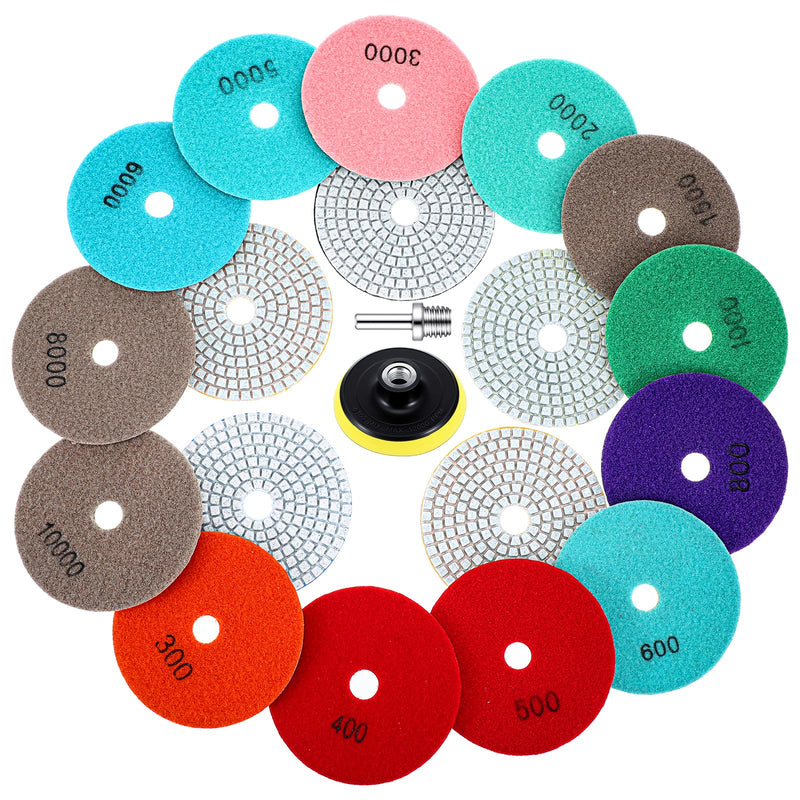 20 Pack Diamond Polishing Pads Set, 4 Inch Wet/Dry Granite Stone Polish Pad Kit 30-10000 Grit with 5/8’’-11 Backer Pad Drill Grinder Adapter and Wool Disc for Marble Rock Concrete Stone Quartz