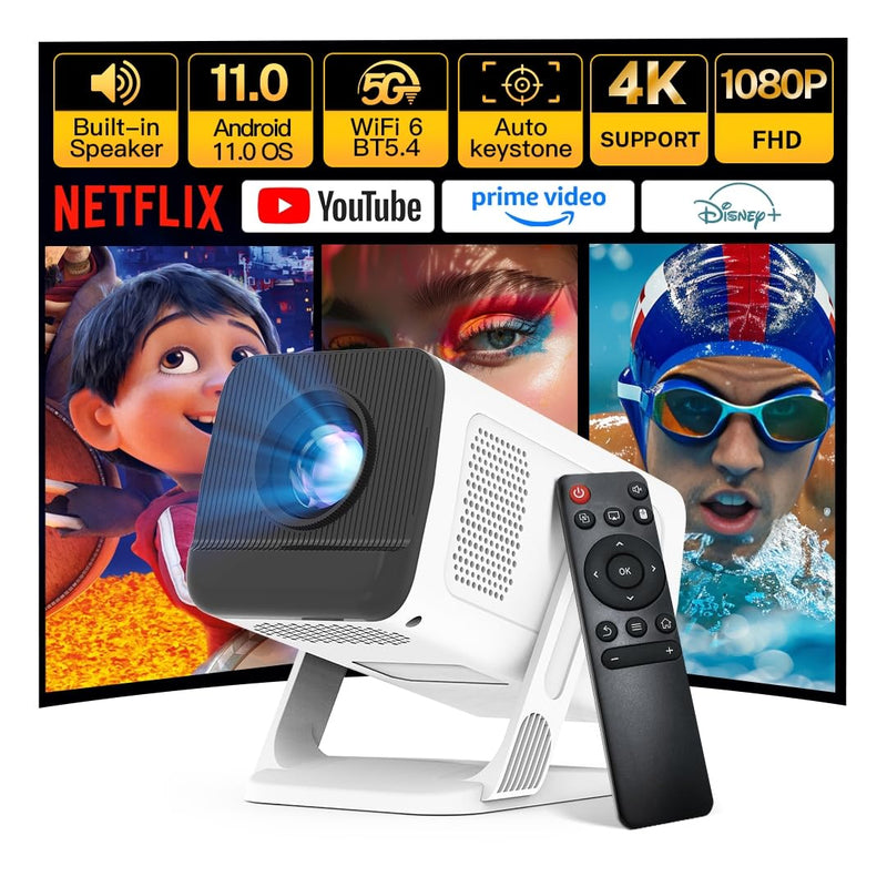 Mini Projector with WiFi 6 and Bluetooth 5.4 Built-in Apps Portable Projector Android 11 Auto Keystone 1080P 4K Support for Bedroom Outdoor Compatible with iOS/HDMI/TV Stick VisualCube 300 VisualCube 300 White