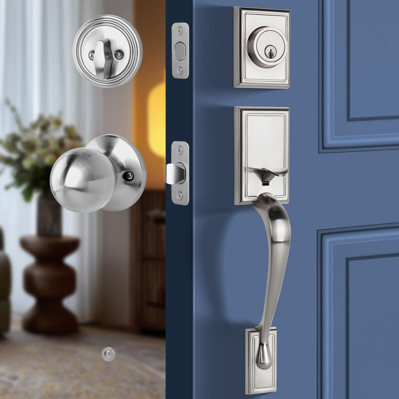 Front Door Handleset with Deadbolt – Satin Nickel Entry Handle Set with Interior Door Knob, Keyed Single Cylinder Lock, Reversible, Fits 1-3/8"–1-3/4" Doors
