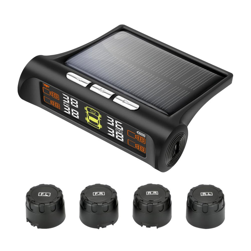Tire Pressure Monitoring System - TPMS Tire Pressure Monitor System with Solar Charger, TPMS with 4 External sensors & 5 Alarm Modes, LCD Real-time Display, Auto Sleep Mode, Easy to Install(Orange) 4-Sensors-Red