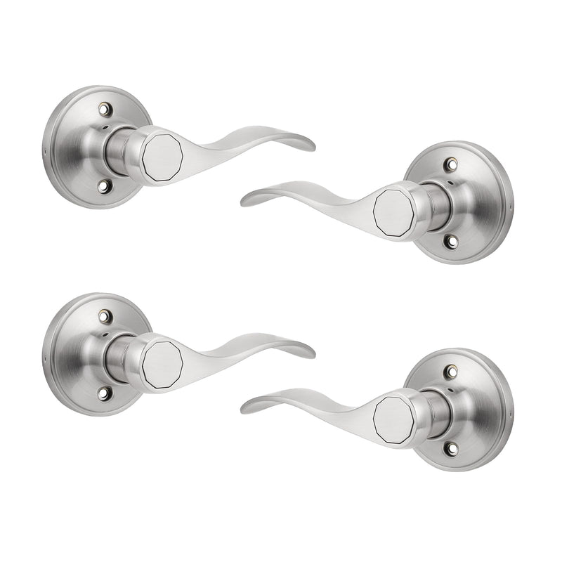 Probrico Dummy Door Handles Two Pairs, Brushed Nickel Interior Dummy Door Lever for Hallway Closet, No-Turning Reversible Door Lever Wave Style 2 Satin Nickel