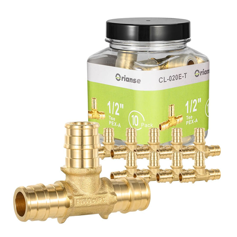 10 Pack 1/2" Tee Heavy Duty Brass Expansion PEX-A Fittings for For Water Supply & Radiant Heating,Lead-Free Brass NSF/ANSI 61 NSF 372 Certificate, ASTM F1960 Certified 1/2"Pex-A x 1/2"Pex-A x 1/2"Pex-A Tee（10 Piece)