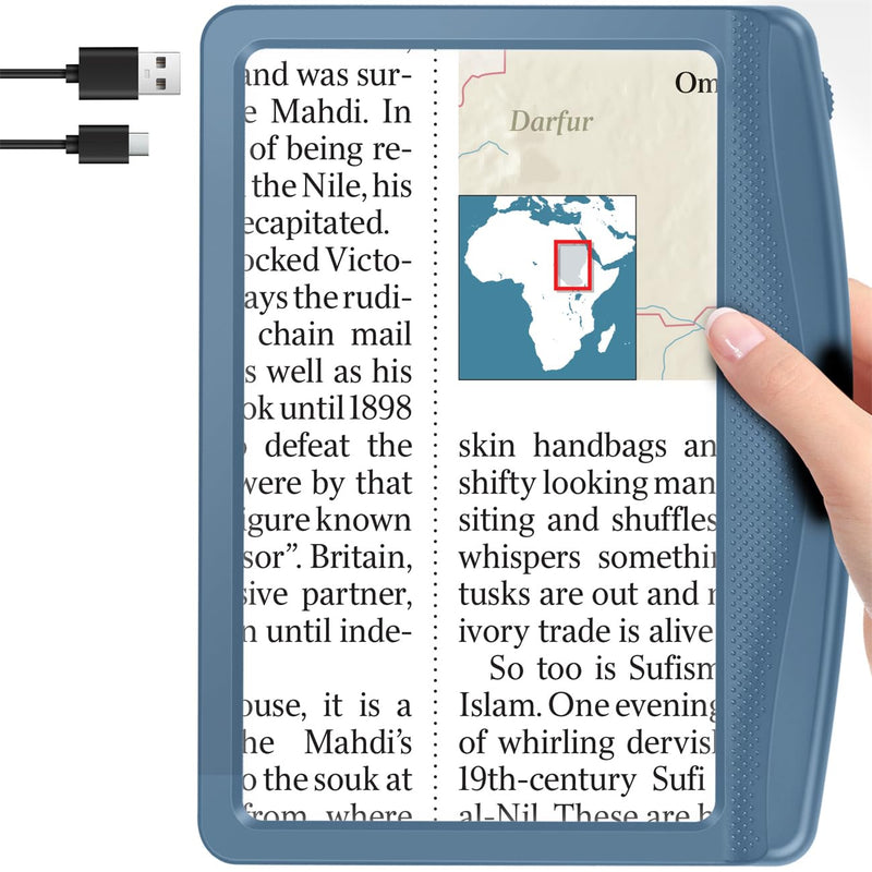 5X Rechargeable Magnifying Glass with Light, Large Bright LED Lighted Full Page Magnifier, Lightweight Rectangular Handheld Magnifier with Light for Reading Small Prints for Seniors, Blue 5X