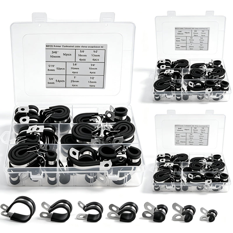 180 Pcs Cable Clamps Assortment Kit, 304 Stainless Steel P Clamps with Rubber Cushion, 7 Sizes (1/4"-1") for Hose, Pipe, Wire, Fuel Line, Automotive, Marine, RV 180 Pcs