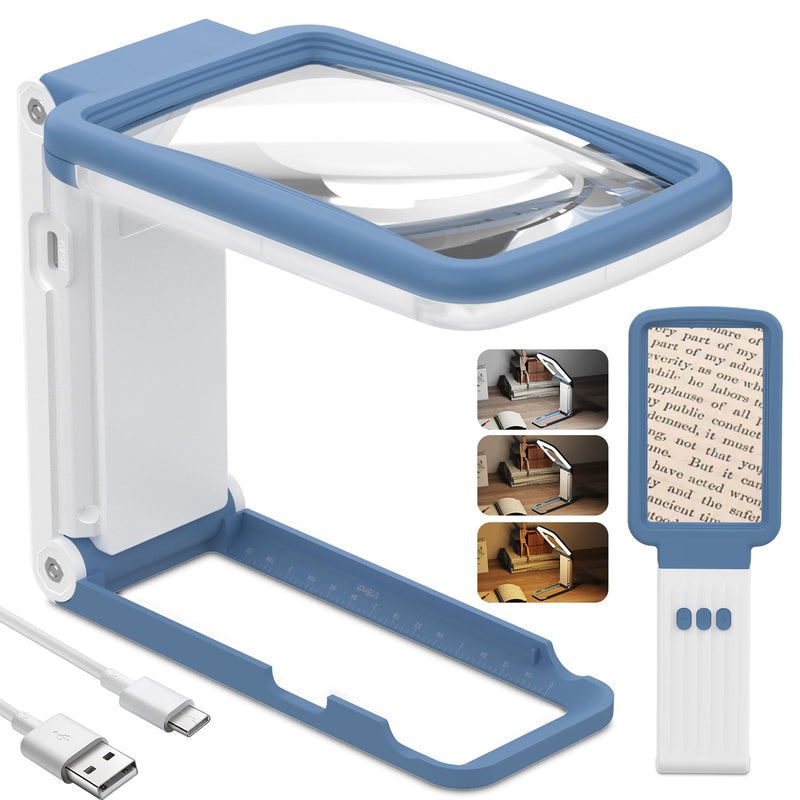 15X Magnifying Glass with Light and Stand, Real Glass Lens, Rechargeable Foldable Handheld Magnifier, 3 Color Modes Dimmable Lighted Page Magnifier for Reading Fine Prints, Seniors - Blue White 15X