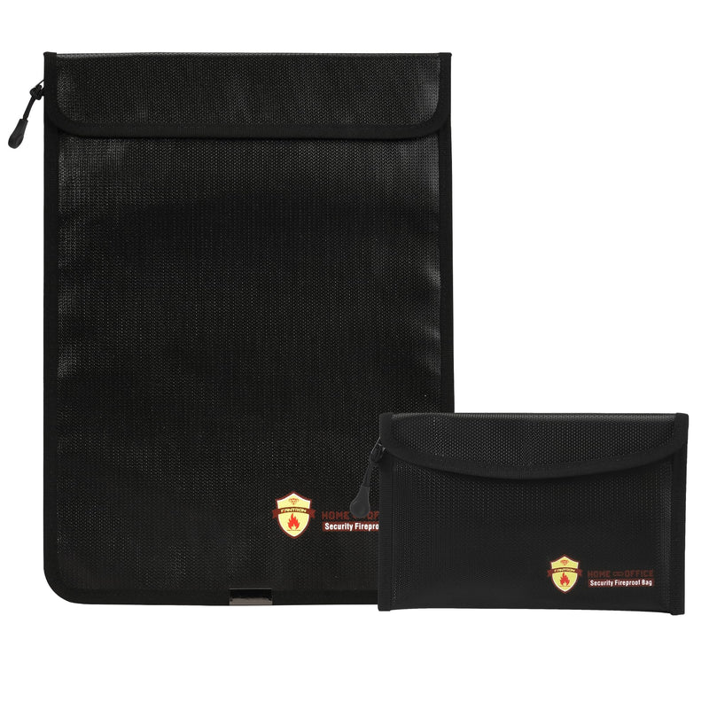 2 Pcs Fireproof Waterproof Document Bag(2000℉) – Fire & Waterproof Money Pouchfor for Cash w/Zipper – Safe Storage for A4/A5 Documents Holder, File, Cash, Jewelry, Passport, Tablet, Laptop Black 1 15 x 11 inch + 5 x 8 inch