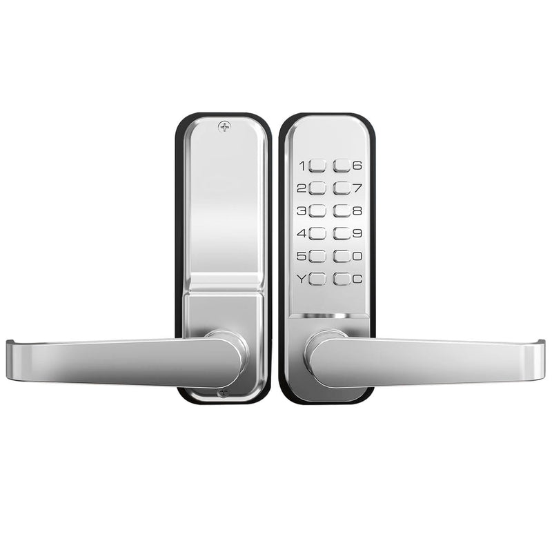 High-Security 12 Digit Keypad Mechanical Door Lock - Keyless Entry, Mechanical Code Lock with Handle, Waterproof & Rustproof, No Battery, Easy to Install, Silver, BH-MDLS0030102 Satin Chrome