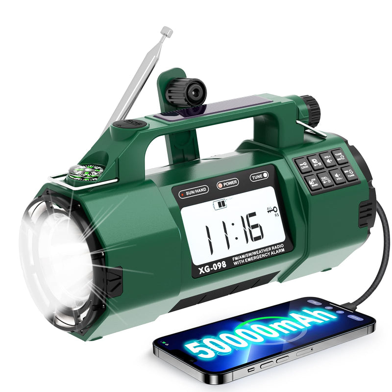 Emergency NOAA Weather Alert Radio, 5000mAh AM/FM Portable Radio with Solar, Hand Crank & AC Power, Replaceable Battery, Flashlight, SOS Alarm, Clock & Headphone Jack for Home & Outdoor Emergencies green Classic