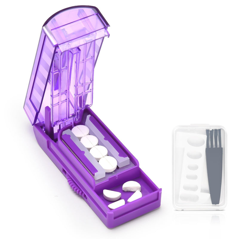 Multiple Pill Cutter for Small or Large Pills, Adjustable Pill Splitter for Multi Tablets, Stainless Steel Cutting Blade and Blade Guard (Purple) Purple