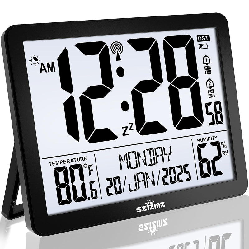 Atomic Digital Wall Clock Battery Operated with Backlight, Desk Clocks with Indoor Temperature & Humidity, 8.5" Small Alarm Clock with Date and Day of Week for Bedrooms, Living Room, Auto DST, Black