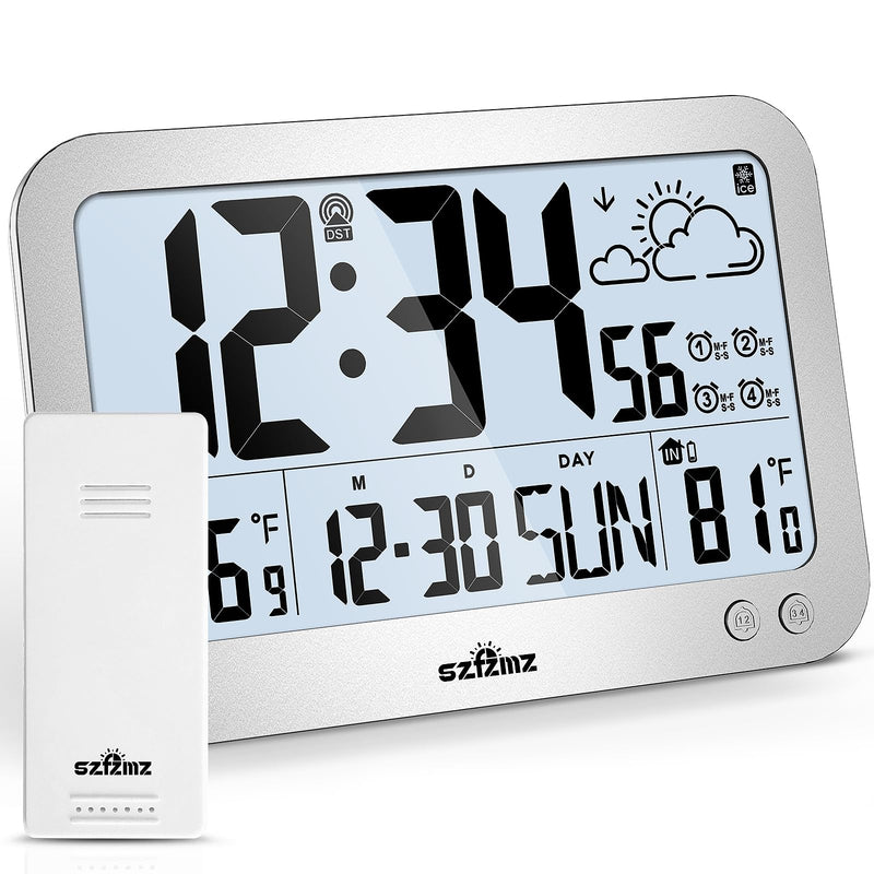 Atomic Clock, 10" Digital Clock Large Display, Wall Clocks Battery Operated with Backlight, Wireless Outdoor Sensor, Alarm Clock Indoor Outdoor Temp, 4 Time Zones, Auto DST, Clock for Bedroom (Sliver) Sliver