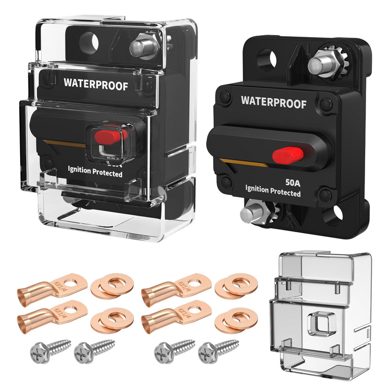 DaierTek 50 Amp Circuit Breaker 2-Pack with Transparent Cover Waterproof Marine Circuit Breaker 12V - 48V Resettable Inline Fuse Switch, 12 Volt 50A Breaker for Boat Trolling Motor Car Automotive 50A with Cover