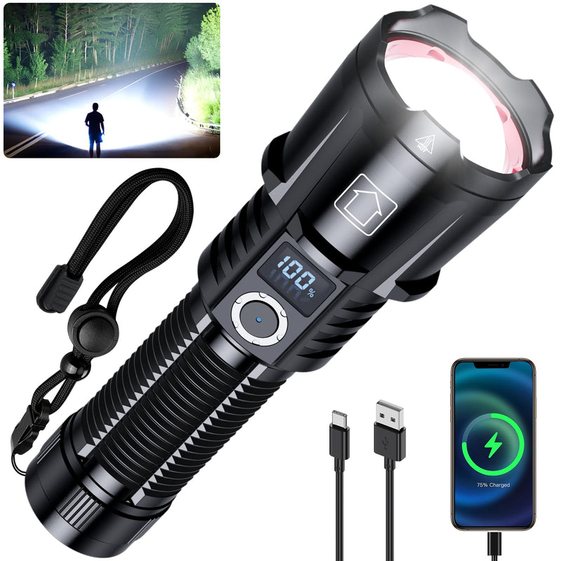 Rechargeable Flashlights 4000.000 High Lumens, Super Bright Flashlight High Powered Tactical Flashlight, 6 Modes with LCD Power Display, Zoomable, Waterproof Handheld Flash Light for Emergency