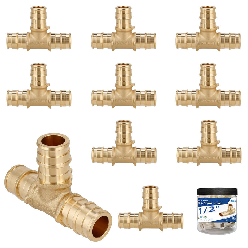 (10-Pack YVSKM) 1/2" PEX-A Tee Expansion Fitting, Lead-Free Brass Full Flow Connector, ASTM F1960 & cUPC Certified for Residential Hot & Cold Water and Radiant Heating Systems 1/2 Inch 10-Pack