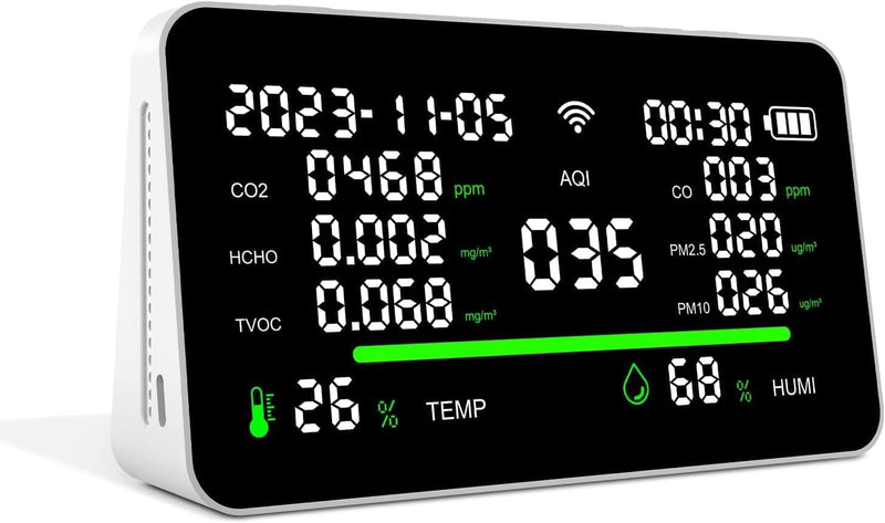 11-in-1 Air Quality Monitor, Indoor CO2/VOC/AQI/PM2.5/Thermometer/Humidity Monitor, Portable Smart Air Quality Meters, Air Quality Tester for Home Office Outdoor, Battery Powered (Black) Black