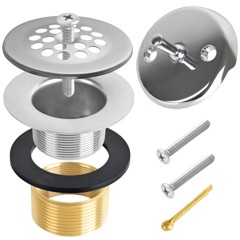 Trip Lever Bath Tub Drain Kit, Universal for 1-1/2" and 1-3/8" Bathtub Drain Replacement, No Putty Installation Bathtub Drain Set with Trip Lever Overflow Faceplate and Strainer, Tub Trim Kit Chrome Plated