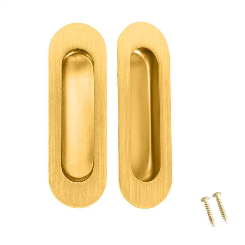 Recessed Door Handle Flush Pull 4.7 Inch Gold Sliding Closet Door Handle Oval Pocket Finger pulls Brushed Stainless Steel (2 Pack) Brushed Gold(2 Pack)