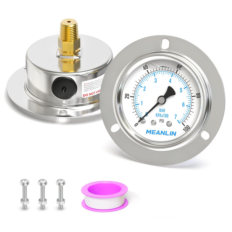 MEANLIN MEASURE 0~100Psi Liquid Filled Pressure Gauge Front Flange Panel Mount, 1/4" NPT 2.5" FACE DIAL Stainless Steel Case with Phillips Screw and Nut, +/-3-2-3% 0-100Psi