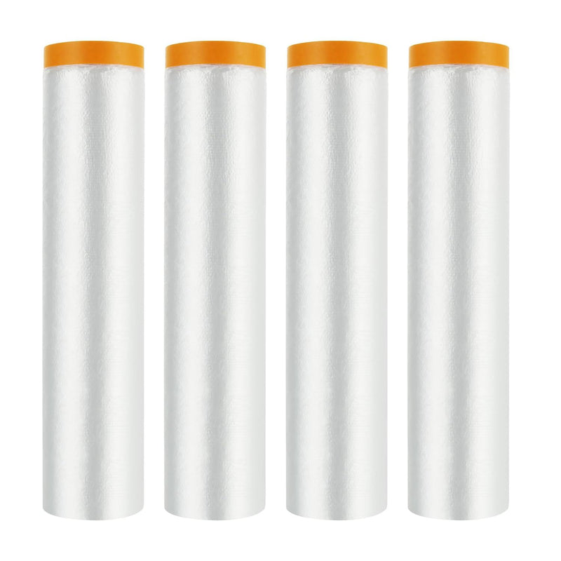 4 Rolls Pre-Taped Masking Film Plastic Sheeting Painters Plastic with Tape Paint Adhesive Protective Film Roll for Painting Covering Walls Windows Auto Body, 8.8 x 65 Feet