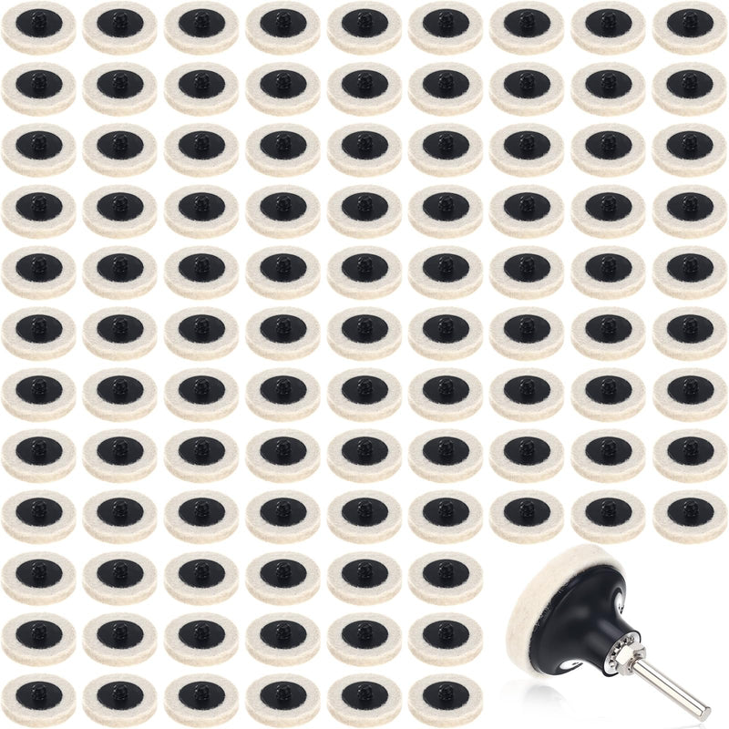 100 Pcs 2 Inch Wool Polishing Wheel Buffing Pads for Drill 1/4" Shank Pads Commpressed Wool Fabric Qc Disc Polishing Buffing Pad Wheels and 1 Pcs Disc Pad Holder for Cleaning Sanding