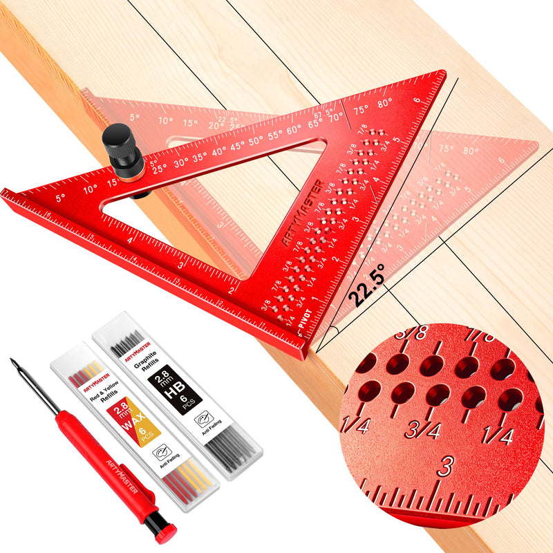 7 inch Carpenter Square, 1/16" Precision Hole Scribing Square Tools, 0-90° Aluminum Alloy Rafter Square, Woodworking Square with Stair Gauge & Carpenter Pencils 12 Refills AM13F Imperial: 7 inch Square+Pencil+Stair Gauge US