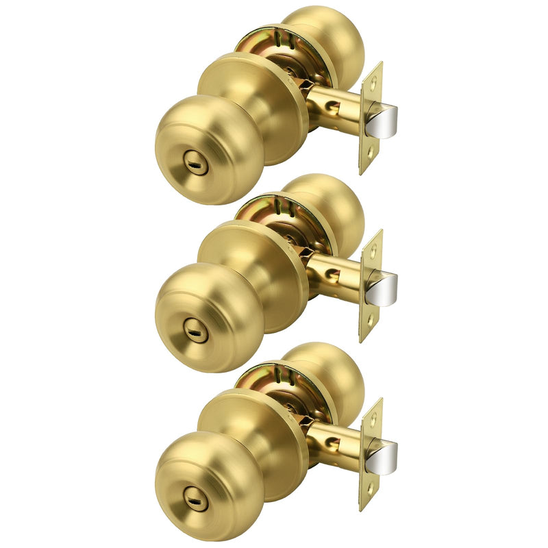 Probrico Brushed Brass Door Knobs for Bedroom Bathroom, Interior Door Knob with Round Ball, Gold Privacy Door Knob, 3 Pack