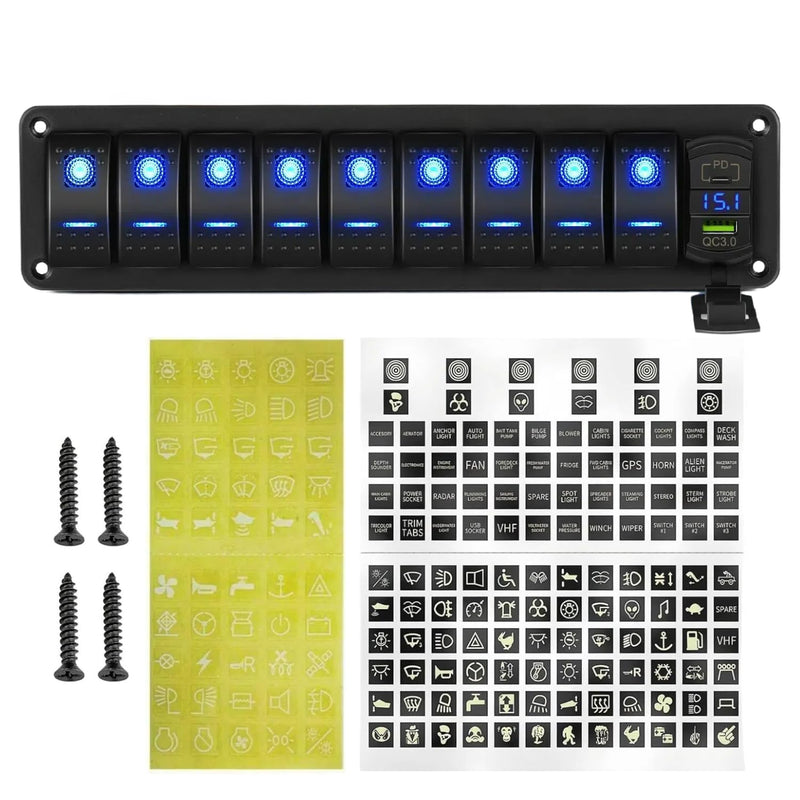 9 Gang 12V Boat Rocker Switch Panel with PD Type C and USB Charger DC 12-24V LED Voltmeter, Boat Toggle Dash 5 Pin SPST ON/Off Pre-Wired Rocker Switch for Car Car RV ATV UTV Truck Yacht Ship 9 Gang+PD