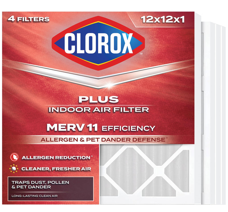 Clorox 12x12x1 Air Filter, MERV 11 Pleated HVAC AC Furnace Air Filters for Dust, Pollen and Pet Dander, MPR 1000 & FPR 7 – Pack of 4 MERV 11 Plus