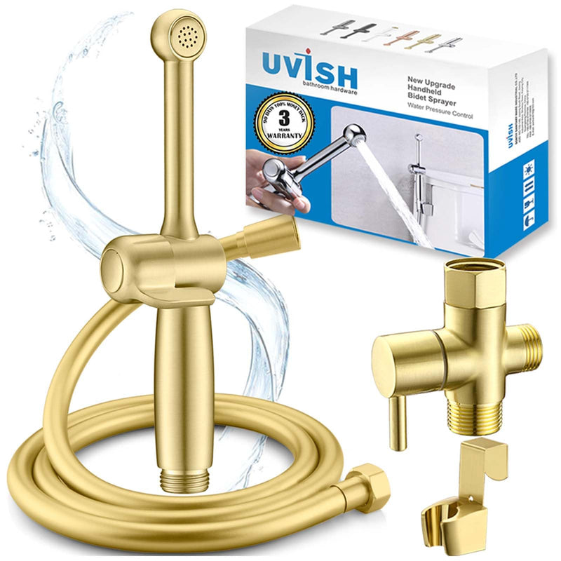 Handheld Bidet Toilet Sprayer, Brass Hand Held Bidet Attachment Cloth Diaper Toilet Sprayer with Backflow Preventer, Adjustable Water Jet Spray for Toilet with 7.9" Long Bidet Wand, Brushed Gold