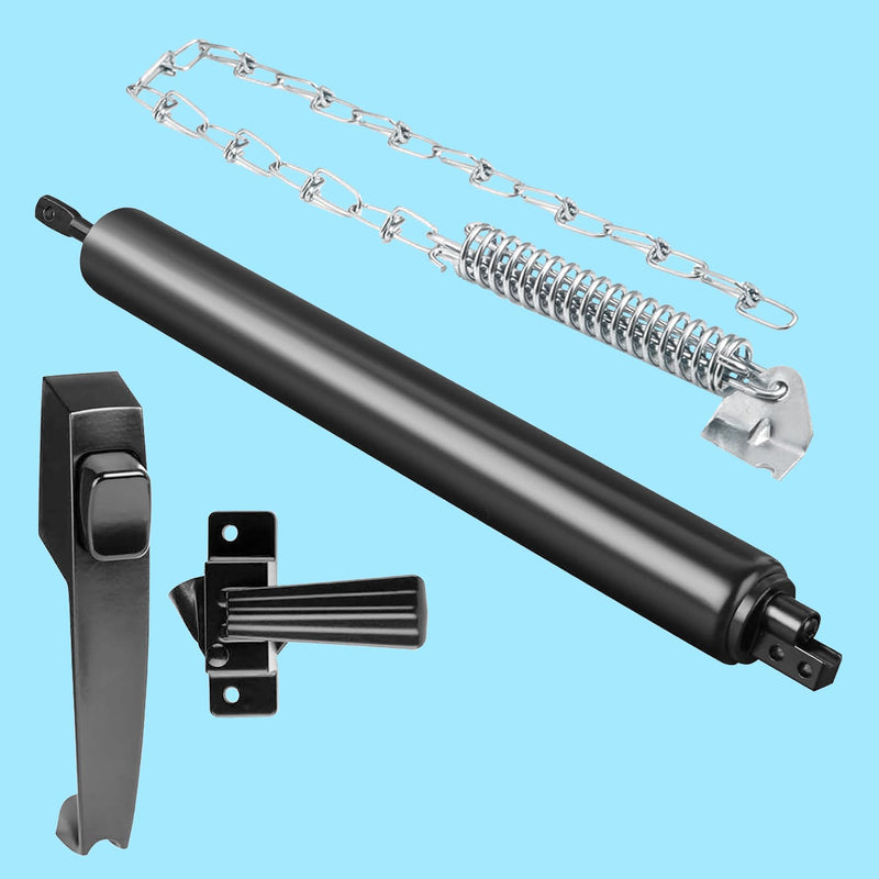 Pneumatic Door Closer Kit for Screen and Storm Doors, Includes Push Button Latch and Protector Chain Spring (Black All-in-One, 1 Set) Black All-in-One 1.0