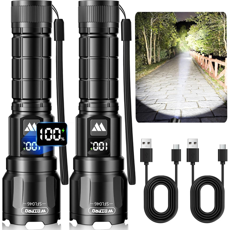 Wdtpro LED Rechargeable Flashlight 2Pack, 3Modes Super Bright High Lumens Flashlights, Zoomable Tactical Flashlight with LCD Display, IP65 Waterproof Flashlights for Home Emergency Camping & Gifts Men Black 2 PACK