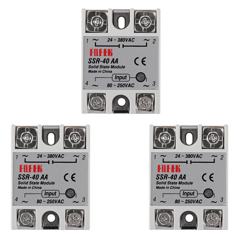 3pcs SSR-40AA Solid State Relay AC to AC 80-250V Input to 24-380V Output 40A Single Phase Semi-Conductor Relay Module 3pcs SSR-40AA