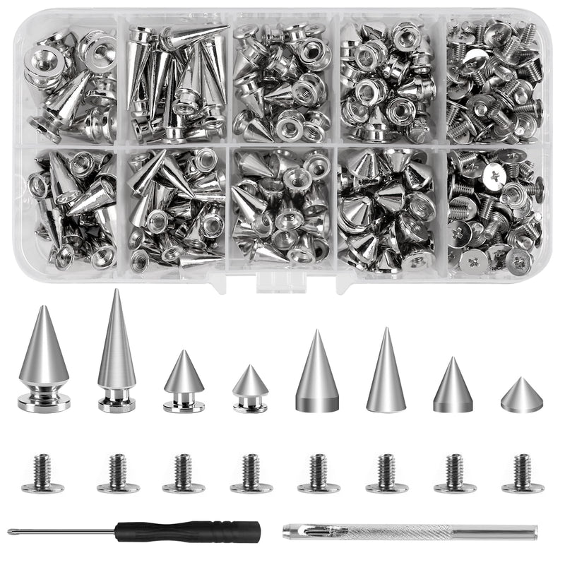 364 Pcs Punk Spikes and Studs Kit, 8 Sizes Metal Cone Spikes and Studs Rivets for Clothing Leathercraft DIY Craft