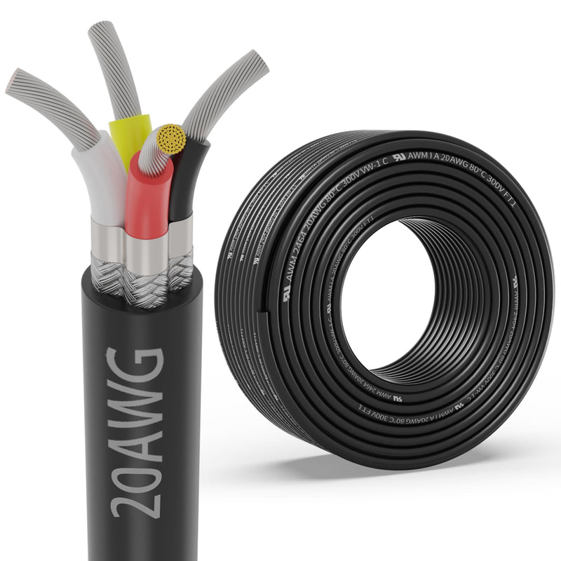 20 Gauge 4 Conductor Shielded Wire 100FT, UL2464 20 AWG 4 Shielded Cable | Tinned Copper Stranded 20/4 CNC Wire for CNC VFD Spindle, Stepper Motor, 3D Printer, Sound, Speaker, Signal Transmission 20AWG-4C