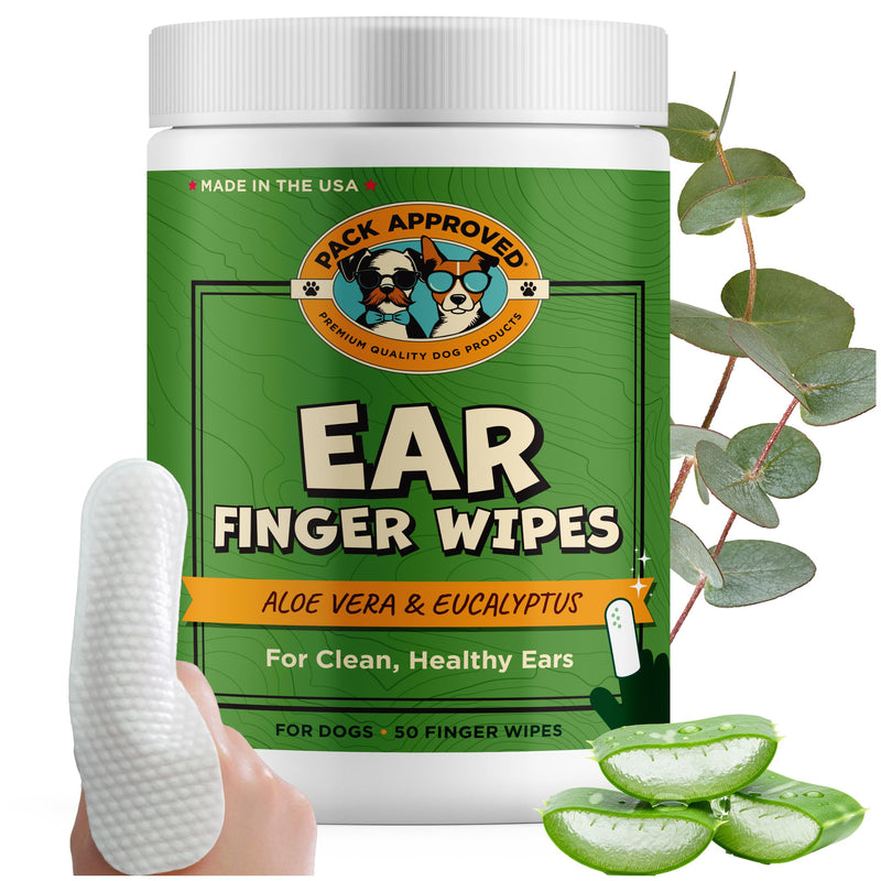 Pack Approved Finger Ear Wipes for Dogs with Aloe Vera and Eucalyptus - Convenient, Extra-Coverage, and Large Design Dog Ear Cleaning Wipes - Removes Wax and Freshens Ears - 50 Wipes Finger Wipes