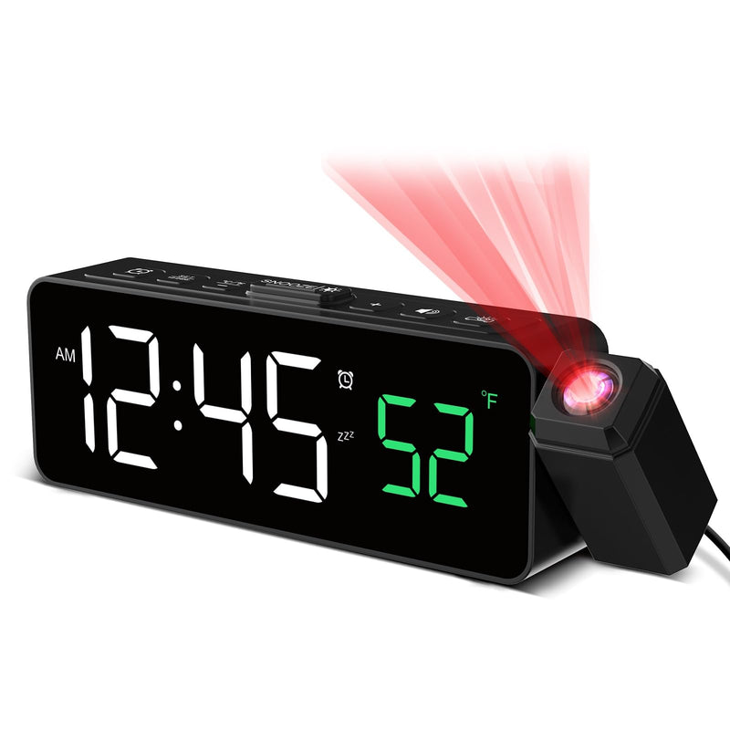 Netzu Projection Alarm Clock for Bedroom Ceiling, Small Compact Plug-in Digital Clocks with 180° Rotatable Projector, Temperature 4 Levels Birghtness, 3 Volumes and Snooze (Black) Black