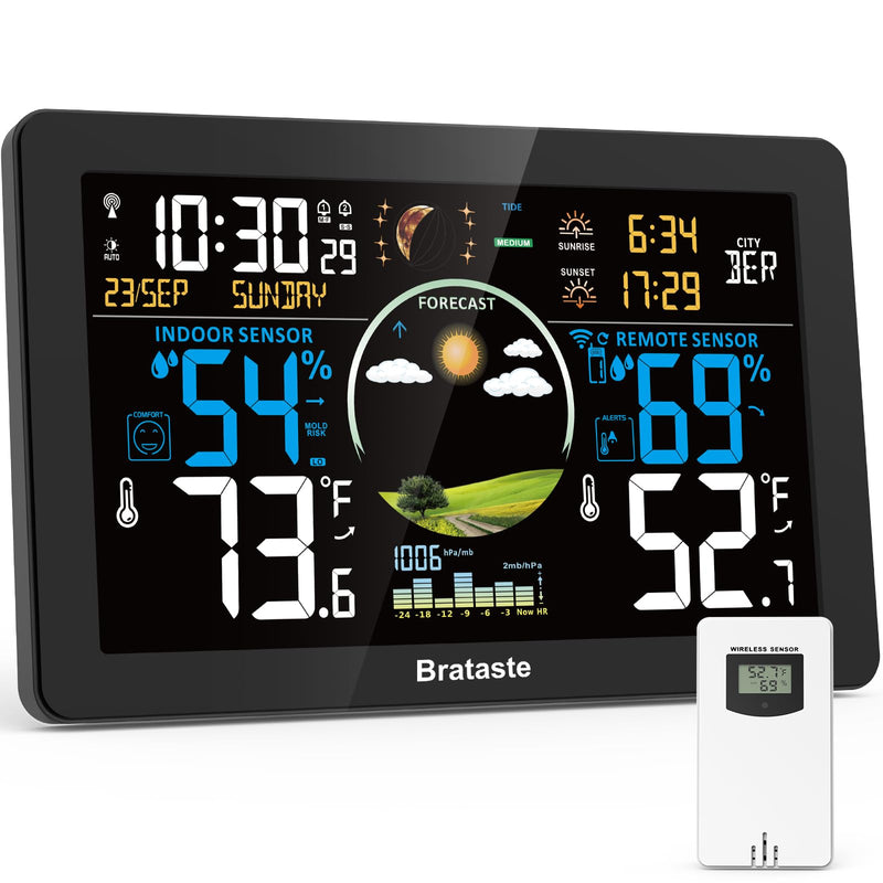 Weather Station Wireless Indoor Outdoor, Digital Thermometer with Remote Sensor, 7.5'' HD VA Display Home Weather Stations, Accurate Temperature Humidity Gauge with Weather Forecast, Atomic Clock Black