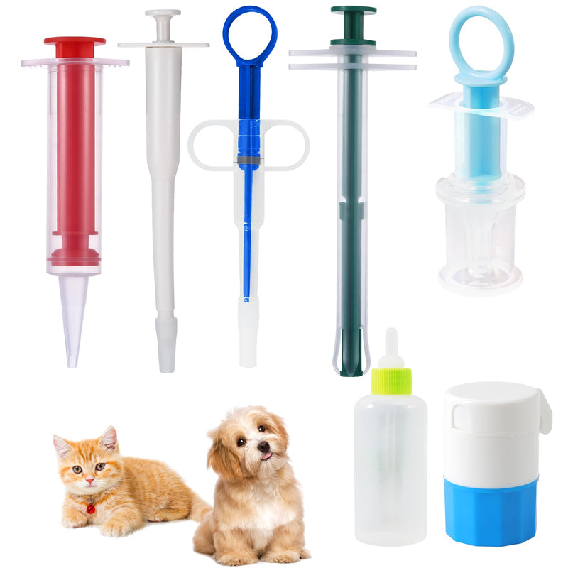 7 Pack Cat Pill Shooter, Pill Cutter and Crusher for Pets, Tablet & Liquid Soft Tip Pill Pusher for Cats, Pet Popper for Cats Dogs, Pet Medicine Feeder, Kitten Puppy Bottle Feeding Kit (Set C)