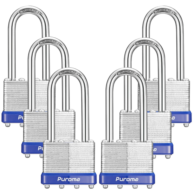 Puroma Lock 6 Pack Padlocks, 2” Long Shackle Heavy-Duty Locks with 2 Keys, 40mm Hardened Steel Keyed Alike Padlocks for Sheds, Gates, Fences, Toolbox, Outdoor and Indoor Use（Silver）