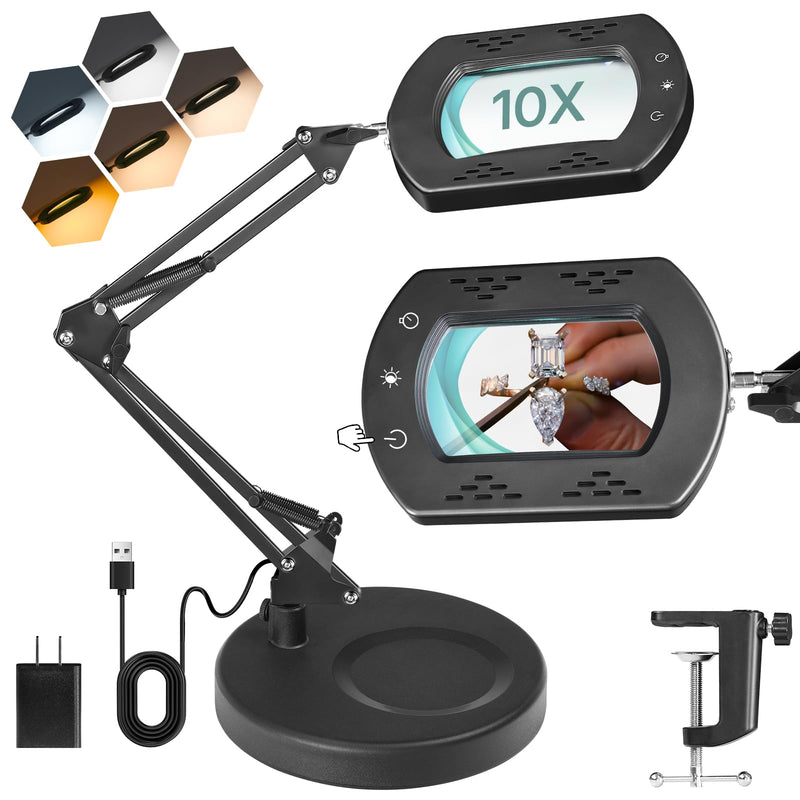 10X Round Magnifying Glass with Light and Stand, 2-in-1 LED Lighted Desk Lamp & Clamp, 5 Color Modes Stepless Dimmable, Hands-Free Magnifier Desk Lamp for Reading Craft Close Work B02DL05 Round Base & Clamp
