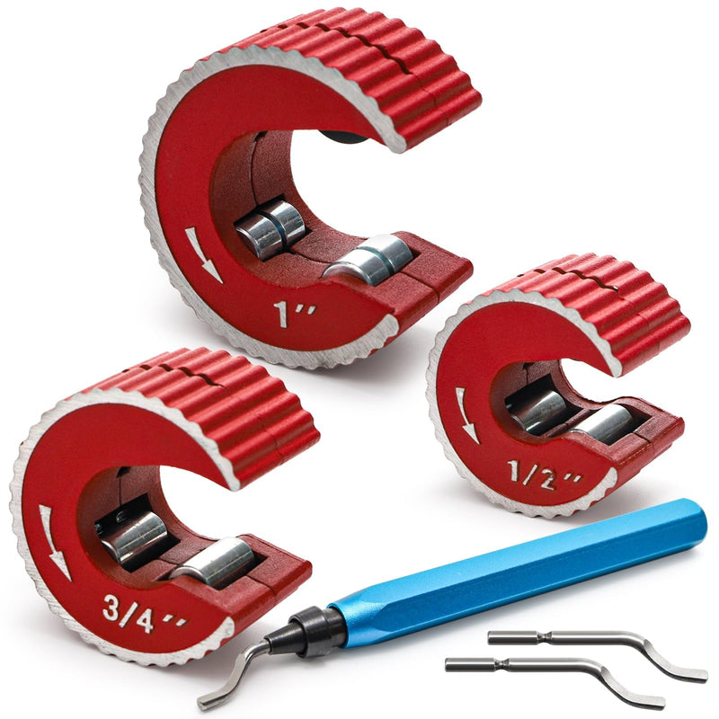 YOUEON Tubing Cutter Set, 6-Piece Copper Pipe Cutter Kit with Self-Tightening C-Shape Cutters (1/2", 3/4", 1"), Deburring Tool with 2 Extra Blades for PVC, Copper, and Aluminum Pipes