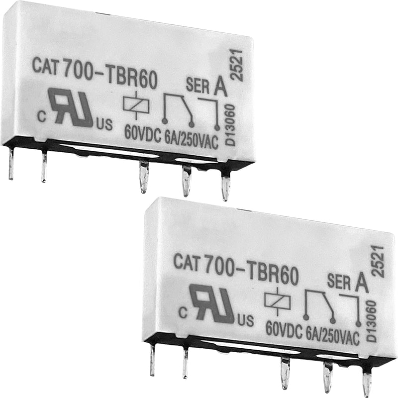 2-Pack CAT700-TBR60 5-Pin Relay, 60VDC 6A/250VAC, DIN Rail Mount Industrial Relay for Control Panels & Automation Systems